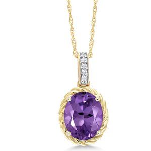 Gem Stone King 10K Yellow Gold Purple Amethyst and White Diamond Pendant Necklac